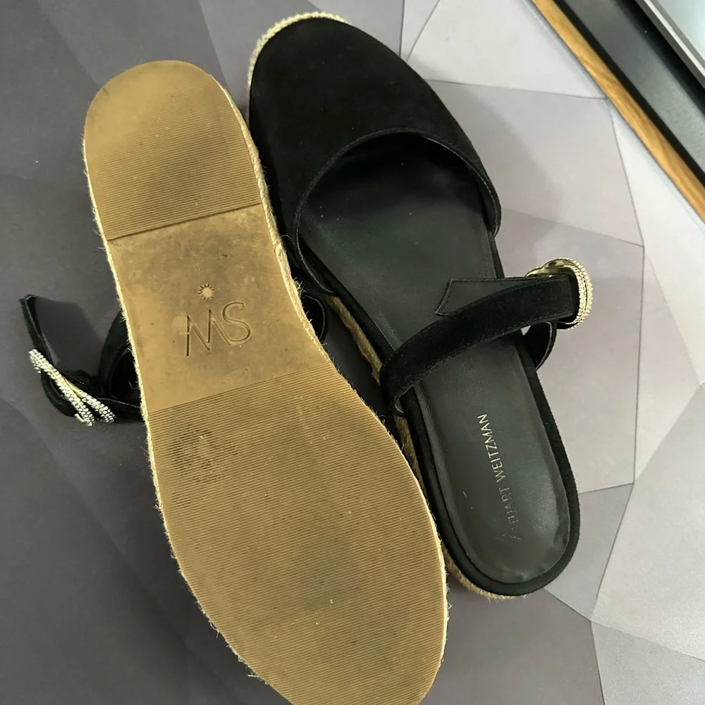 Stuart Weitzman Black Espadrille Slides with Crystals Buckle